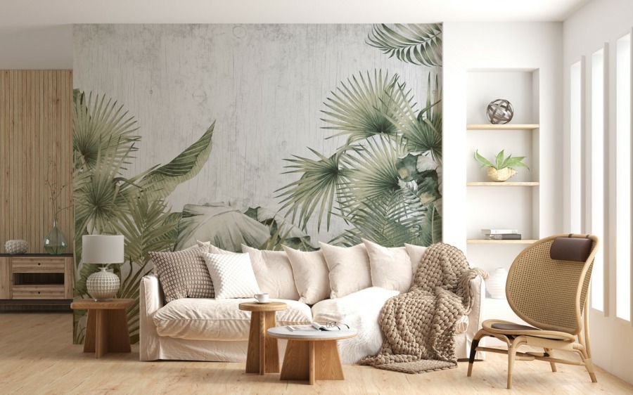 Nástěnná malba exotických rostlin v šedé barvě Palmové listy na šedém pozadí - hlavní obrázek produktu
