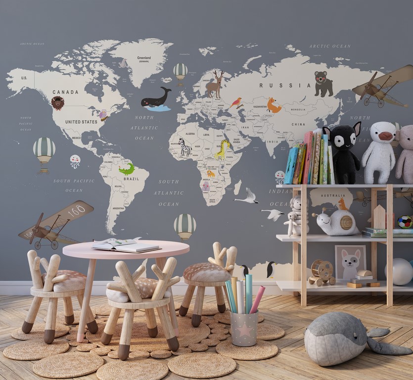Nástěnná malba rozmístění zvířat na kontinentech Mapa světa pro děti - hlavní obrázek produktu