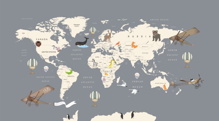 Nástěnná malba uspořádání zvířat na kontinentech Mapa světa pro děti - obrázek číslo 2