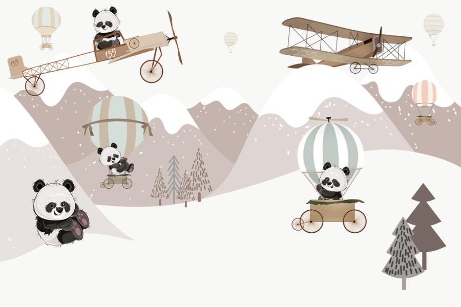 Nástěnná malba se zimní horskou krajinou a starověkými letadly Medvídci na sněhu pro děti - obrázek číslo 2