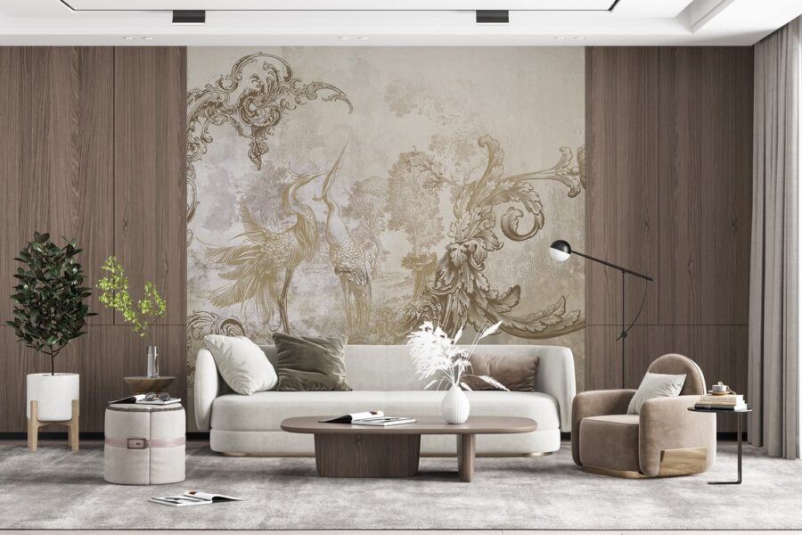 Nástěnná malba s ptáky v barokním dekorativním prvku Rostlinný motiv - hlavní obrázek produktu