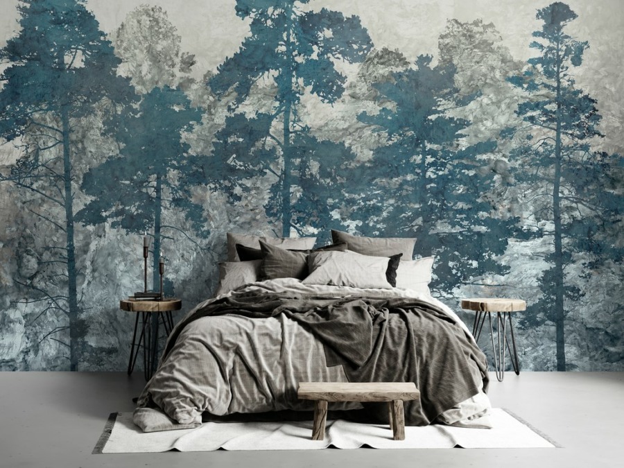 Nástěnná malba vysokých stromů v odstínech modré Blue Forest - hlavní obrázek produktu