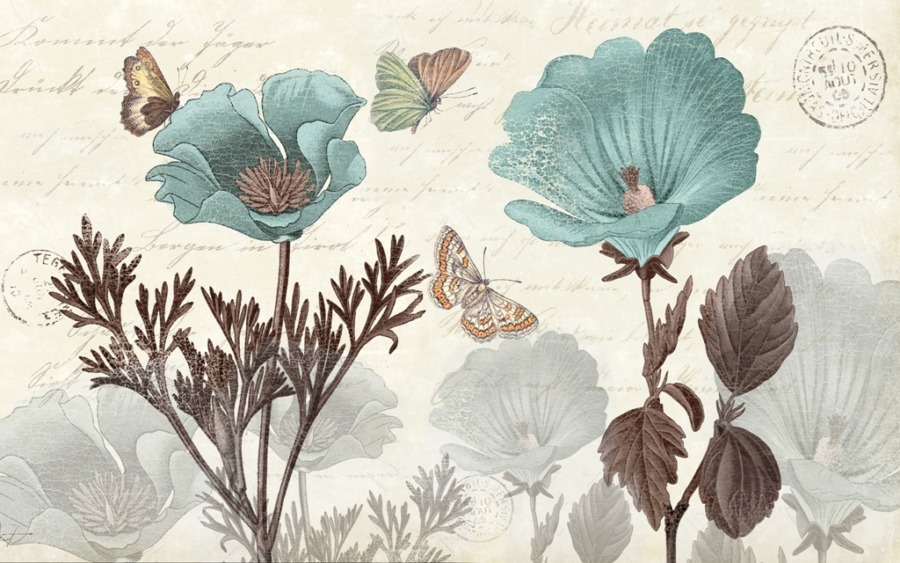 Nástěnná malba se vzorem ze staré pohlednice Modré květiny a motýli - obrázek číslo 2