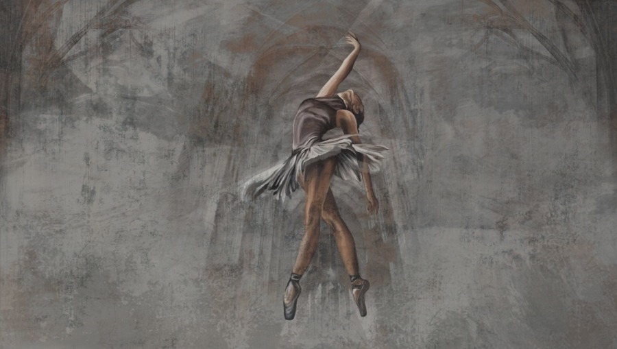 Nástěnná malba dívky v tanci na šedém pozadí velké budovy Rotující baletka pro obývací pokoj - obrázek číslo 2