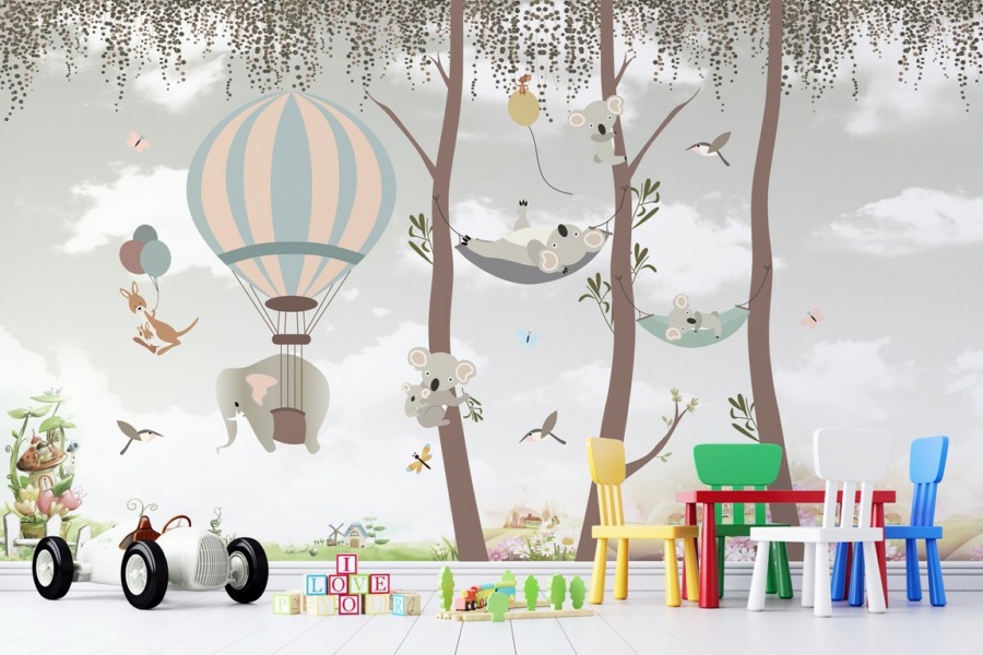 Nástěnná malba hravých medvídků vznášejících se ve vzduchu Panda On Hammock For Kids - hlavní obrázek produktu