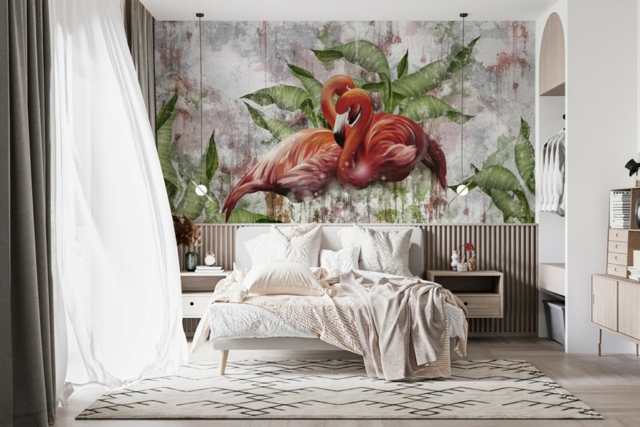 Nástěnná malba s exotickými ptáky propletenými v objetí Pár červených plameňáků do ložnice - hlavní obrázek produktu