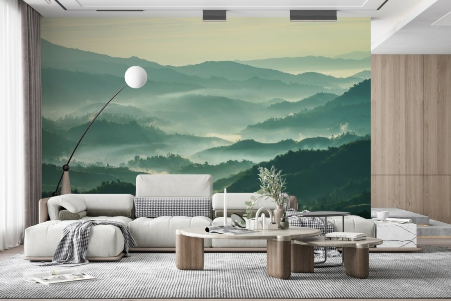 Nástěnná malba v tlumených barvách Pohoří v mlze - hlavní obrázek produktu