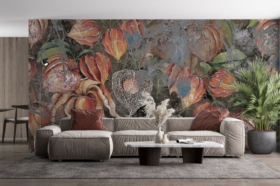 Živá barevná nástěnná malba Orange of Dry Flowers - hlavní obrázek produktu