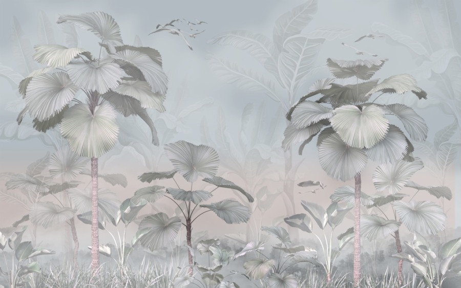 Nástěnná malba ptáků v letu v mlhavé džungli Ptáci mezi palmovými pery - Obrázek 2