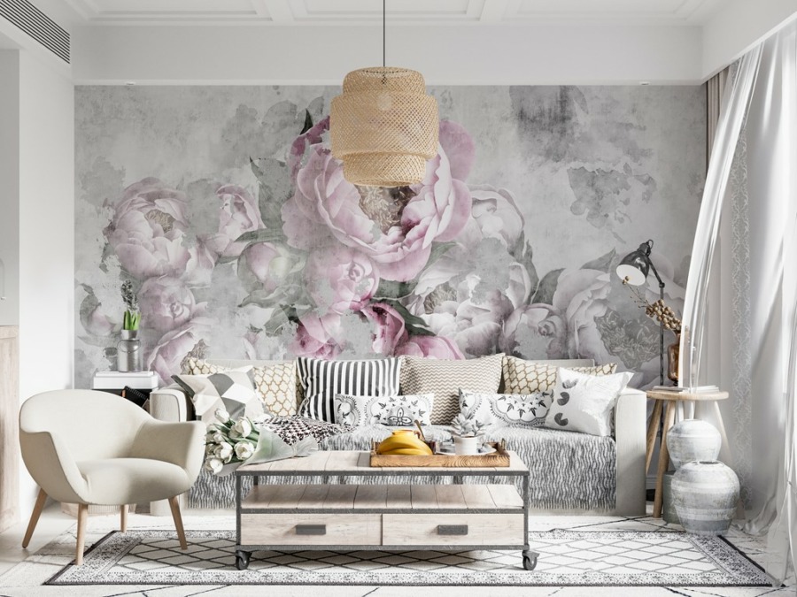 Květinová kytice nástěnná malba Pink Peonies Blurred in Grey - hlavní obrázek produktu