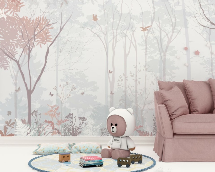 Tapety s lesem v jasných a pastelových barvách Růžový les do dětského pokoje - hlavní obrázek produktu