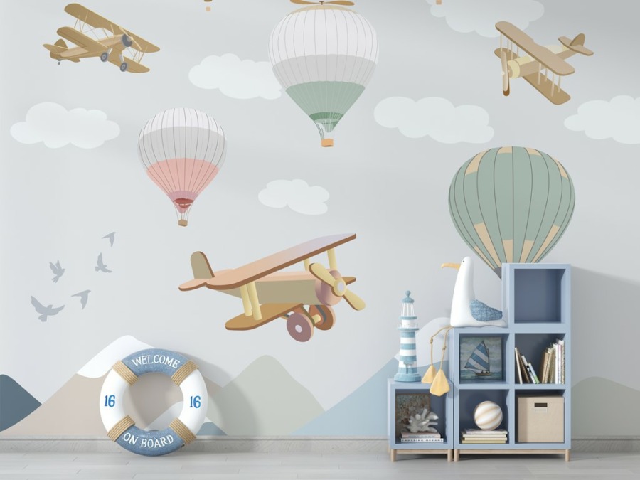 Pastelově zbarvená fototapeta Letadla a balónky pro dítě - hlavní obrázek produktu