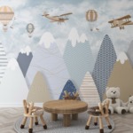 Nástěnná malba Letadla a balóny nad horami pro dítě