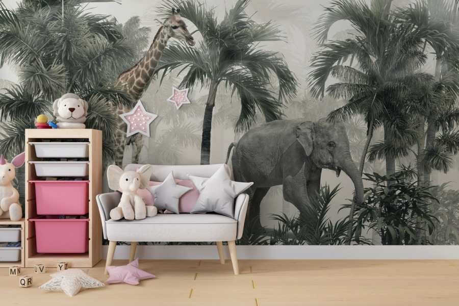 Nástěnná malba divoké přírody mezi palmami v tmavých barvách Slon a žirafa v džungli - hlavní obrázek produktu