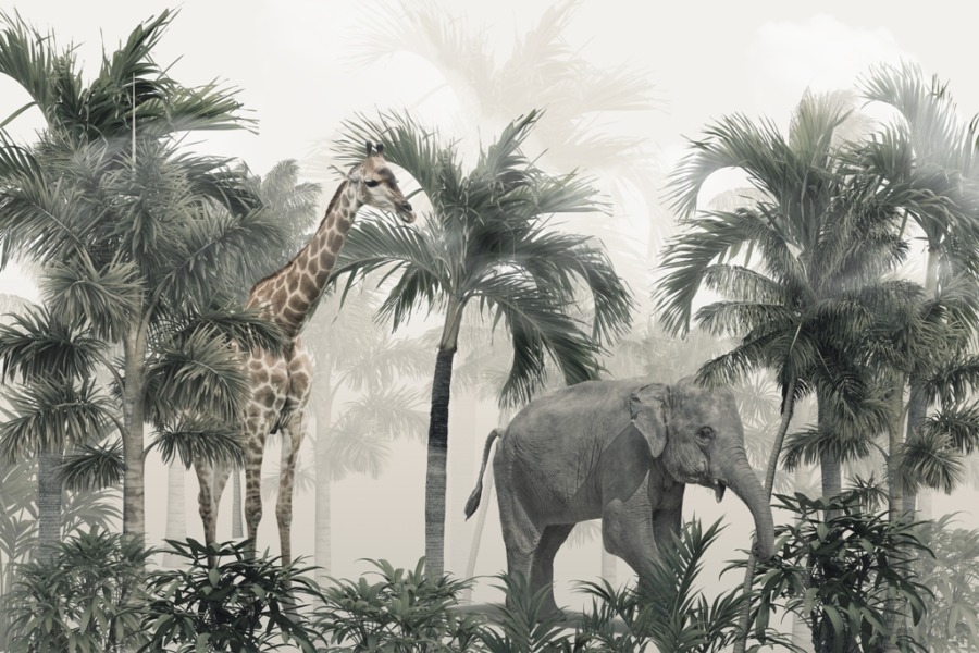 Nástěnná malba divoké zvěře mezi palmami v tmavých barvách Slon a žirafa v džungli - obrázek číslo 2