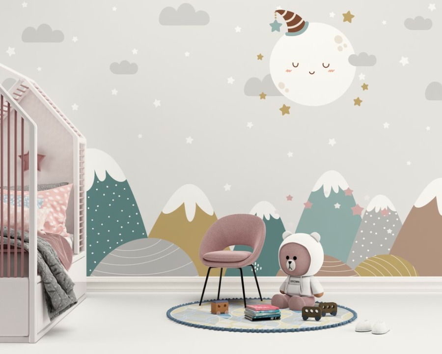 Nástěnná malba zimní horská krajina v teplých barvách Calm Moon Sleep For Children - hlavní obrázek produktu
