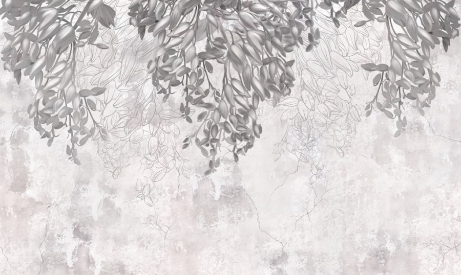 Fototapeta z motywem roślinnym na popękanym murze w stonowanych kolorach Szary Bluszcz - zdjęcie numer 2
