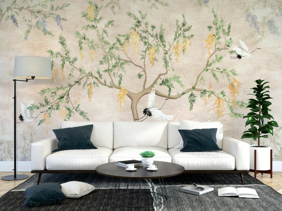 Nástěnná malba s asijským motivem Tři odlétající jeřábi a strom - hlavní obrázek produktu