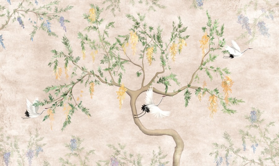 Nástěnná malba s asijskými motivy Tři odlétající jeřábi a strom - obrázek číslo 2