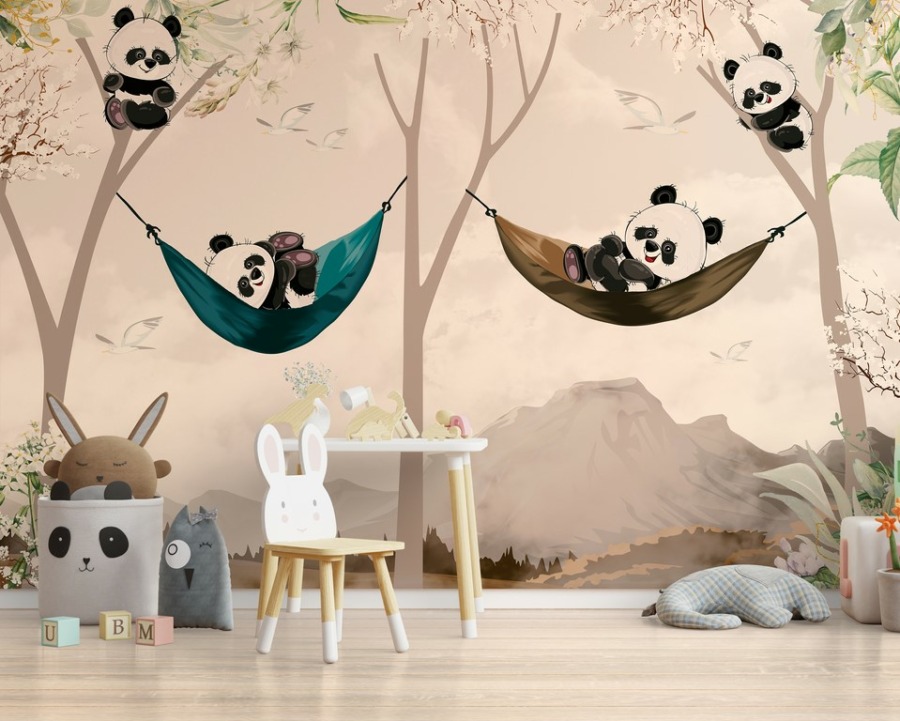Fototapeta v teplých barvách západu slunce Merry Panda Bears do dětského pokoje - hlavní obrázek produktu
