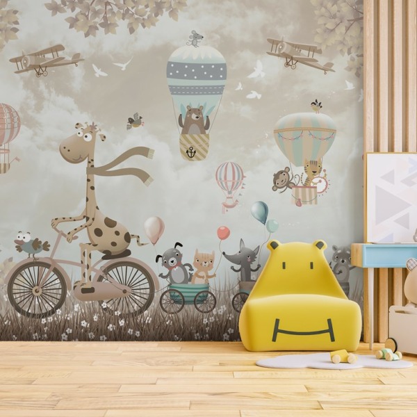 Nástěnná malba cestujících barevných zvířat Žirafa na kole pro děti - hlavní obrázek produktu