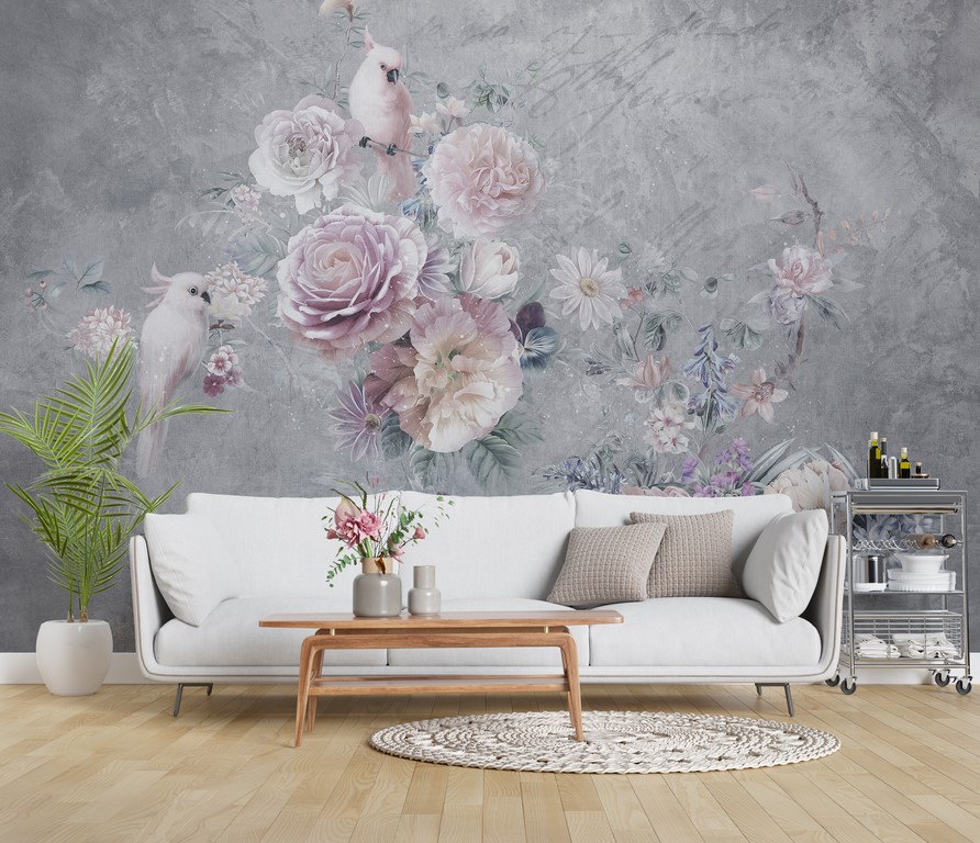 Nástěnná malba v jemných tónech White Parakeets in Flowers pro obývací pokoj - hlavní obrázek produktu