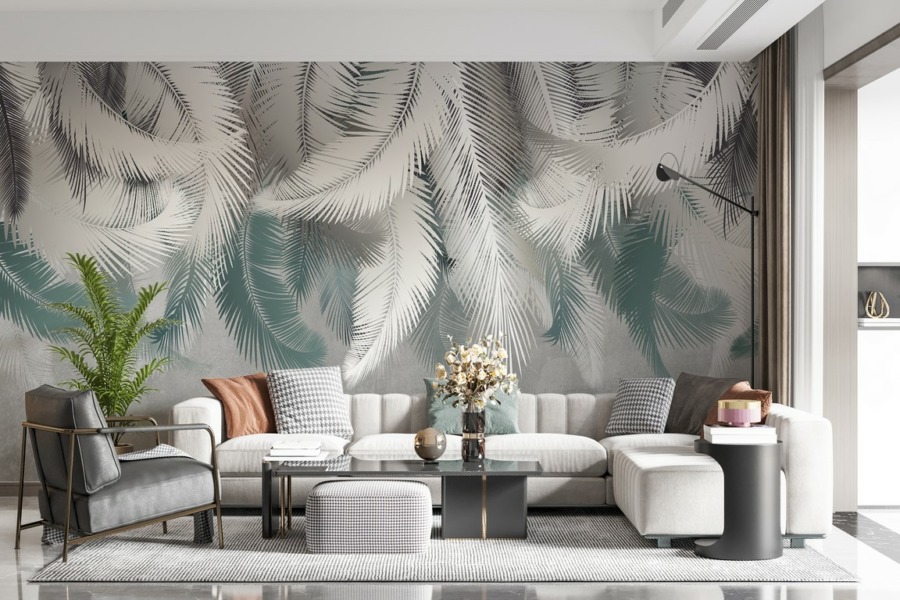 Nástěnná malba s jemným květinovým motivem v bílých a modrých odstínech White Fern Leaves pro obývací pokoj - hlavní obrázek produktu