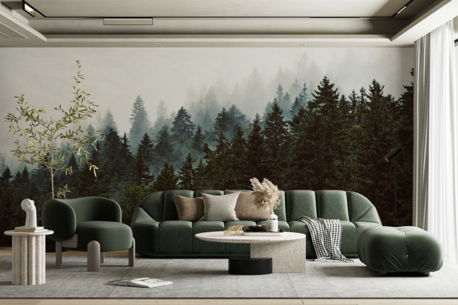 Nástěnná malba v tmavě zelené a husté bílé barvě Dark Forest in Mist - hlavní obrázek produktu