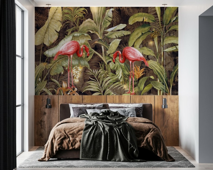 Nástěnná malba ve výrazných exotických barvách Red Birds in Green do ložnice - hlavní obrázek produktu