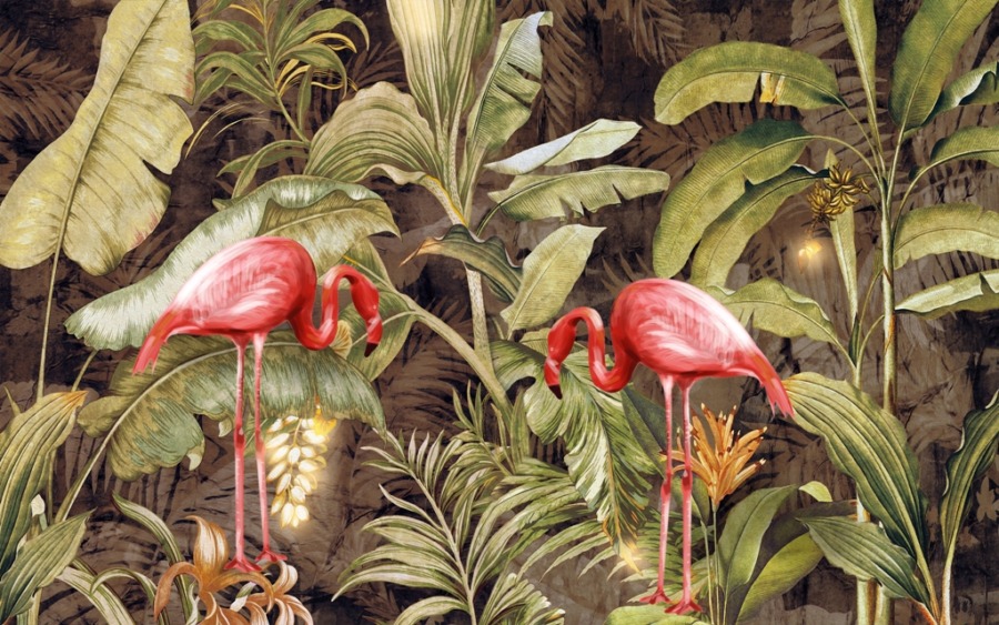 Nástěnná malba ve výrazných exotických barvách Červení ptáci v zelené barvě pro ložnici - obrázek číslo 2