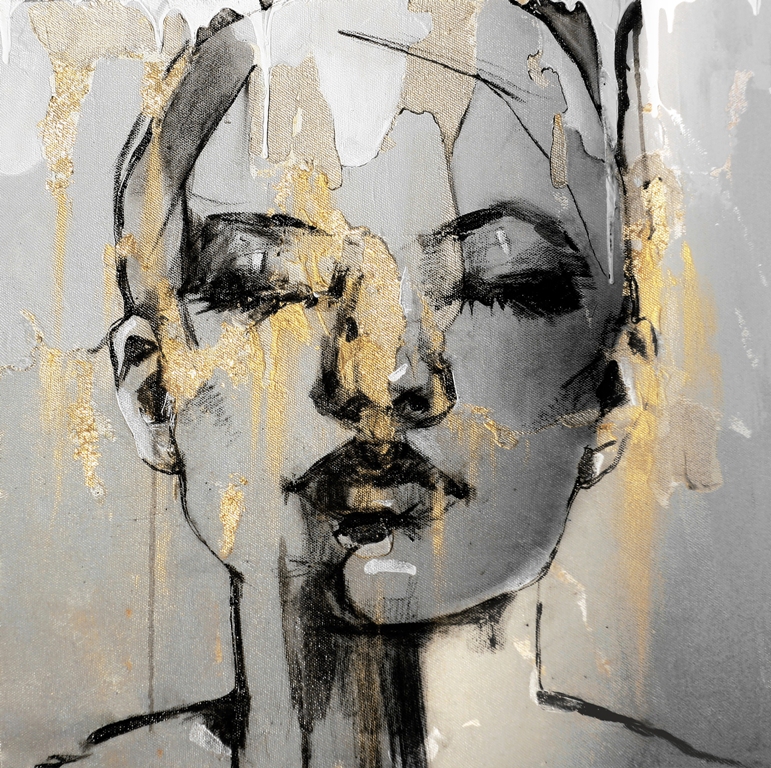 Krásná tvář nástěnná malba v šedé a zlaté barvě Dívka se zavřenýma očima pro obývací pokoj - obrázek číslo 2