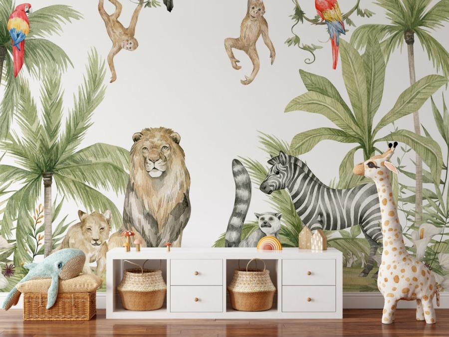 Nástěnná malba tropické džungle v jemných barvách Barevná divoká zvířata - hlavní obrázek produktu