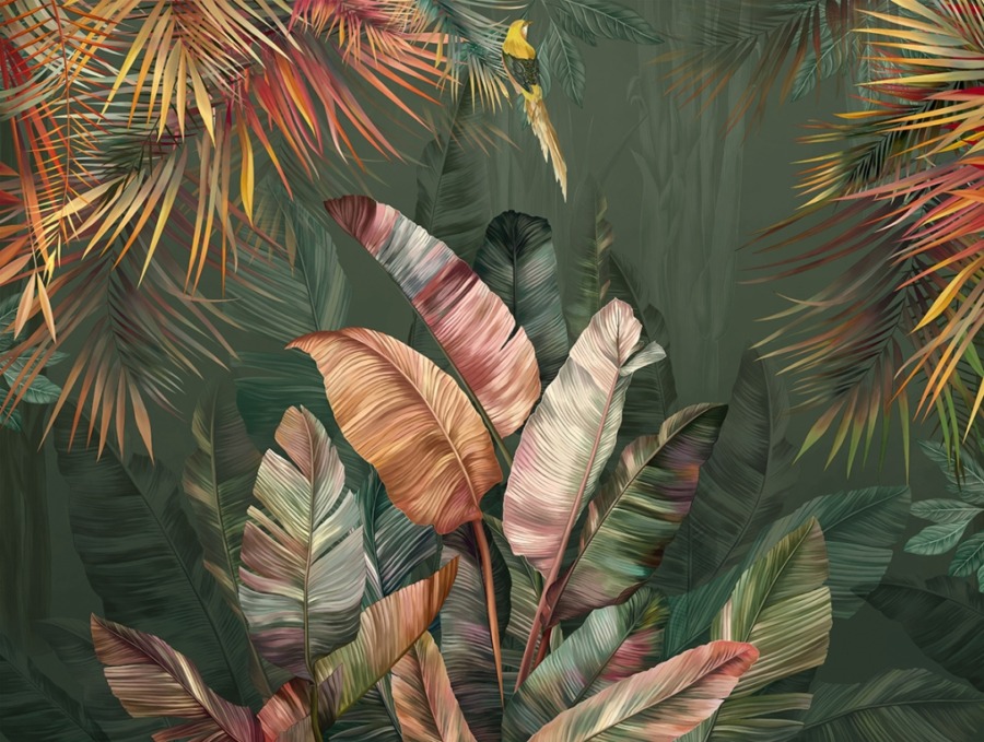 Živá nástěnná malba s květinovým motivem v barevných tropických listech - obrázek číslo 2