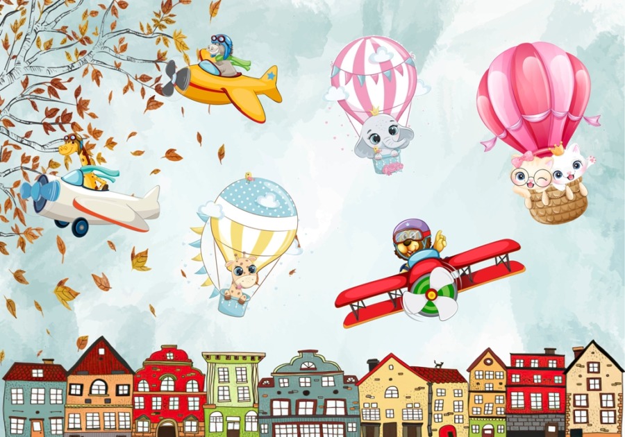 Živě barevná nástěnná malba s leteckým motivem Barevná zvířata pro dětský pokoj - obrázek číslo 2