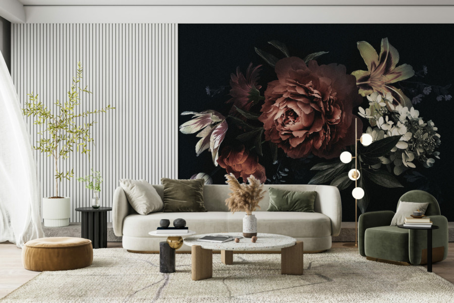Květinová nástěnná malba na černém pozadí Květiny na tmavém pozadí pro obývací pokoj - hlavní obrázek produktu