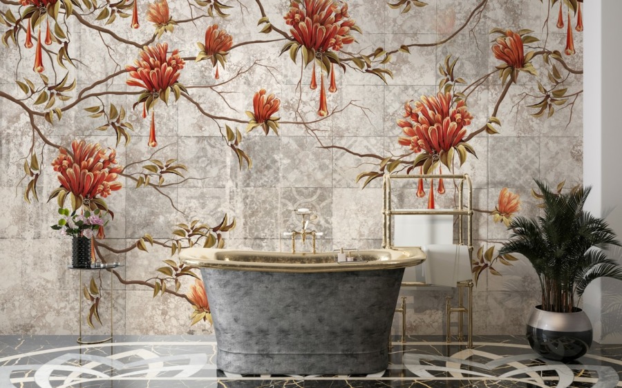 Nástěnná malba červených květů v šedé barvě Kvetoucí strom na dlaždicích pro koupelnu - hlavní obrázek produktu