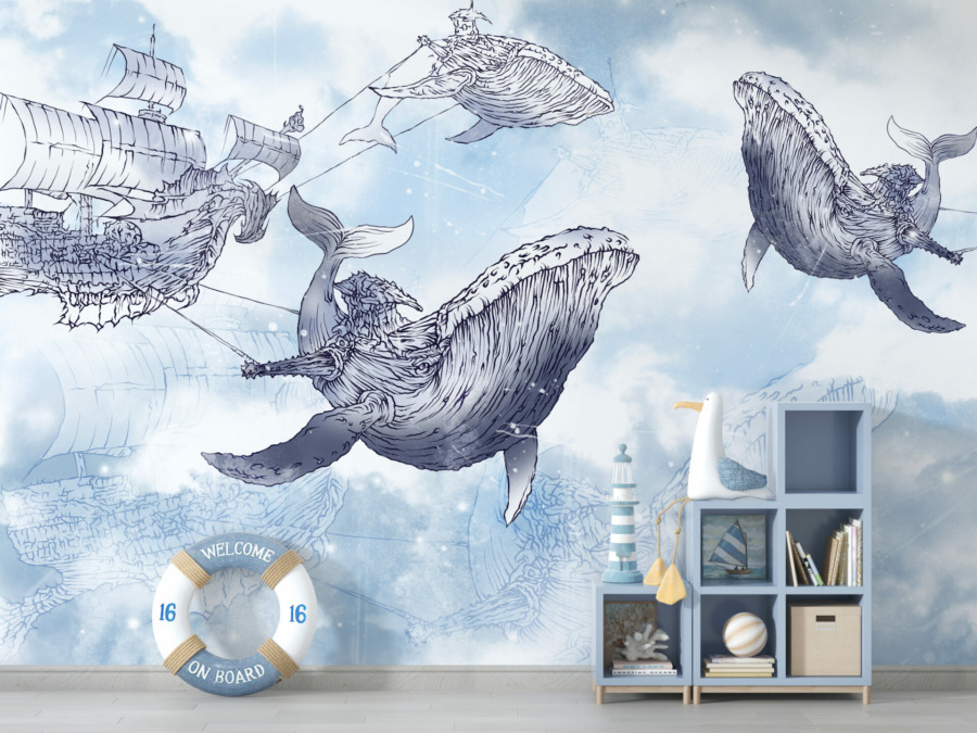 Nástěnná malba s motivem létajících kytovců v modrých odstínech - hlavní obrázek produktu