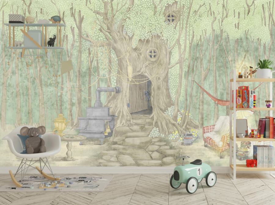 Fototapeta s motivem pohádkového lesa v jemných barvách Forest Cottage pro děti - hlavní obrázek produktu