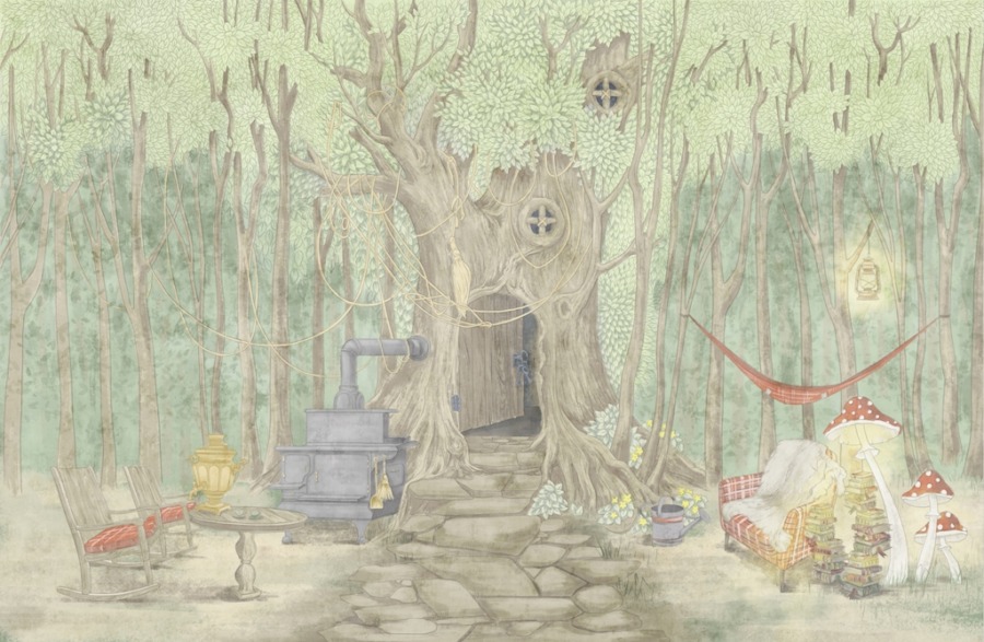 Fototapeta z bajkowym motywem leśnym w delikatnych kolorach Leśny Domek dla dzieci - zdjęcie numer 2