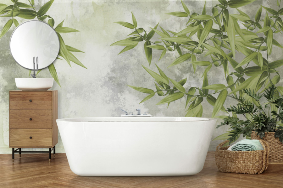 Fototapeta s rostlinným motivem v dominantní zelené barvě Listy na pozadí šedé oblohy do koupelny - hlavní obrázek produktu