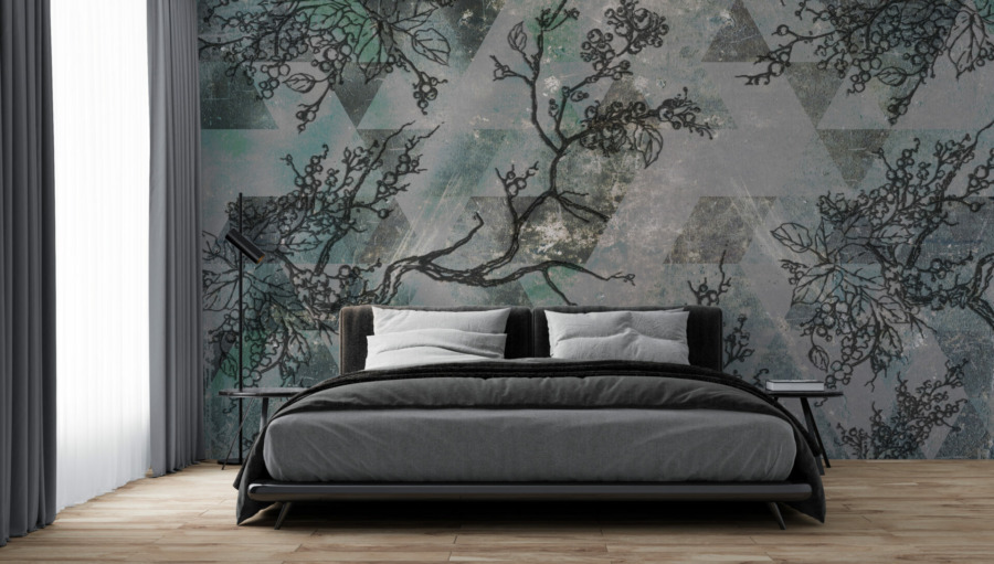 Nástěnná malba větví stromů na stěně z trojúhelníků Rostlinný a geometrický motiv - hlavní obrázek produktu