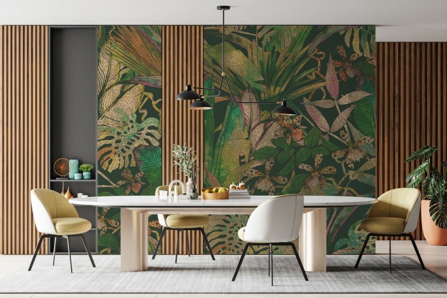 Nástěnná malba v odstínech růžové a zelené Mosaic of Exotic Leaves pro obývací pokoj - hlavní obrázek produktu