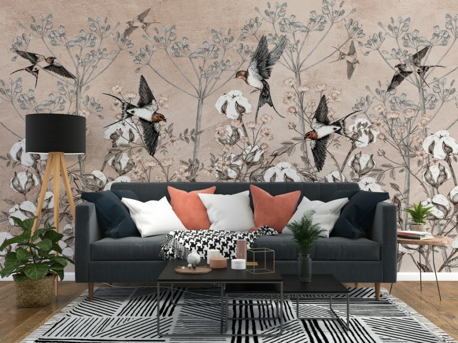 Nástěnná malba v japonském stylu Ptáci v květech bavlny - hlavní obrázek produktu