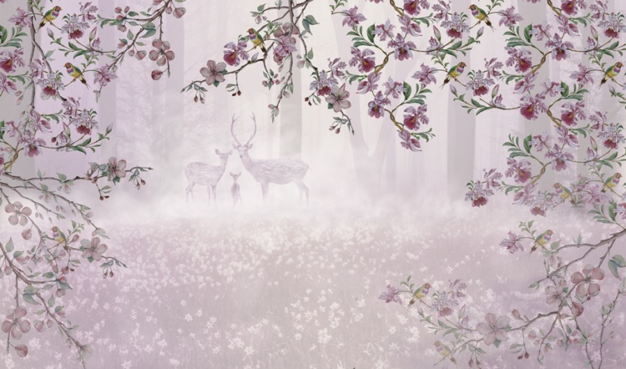 Nástěnná malba v jemných barvách s jarními květy Jelení rodina ve fialové barvě - obrázek číslo 2