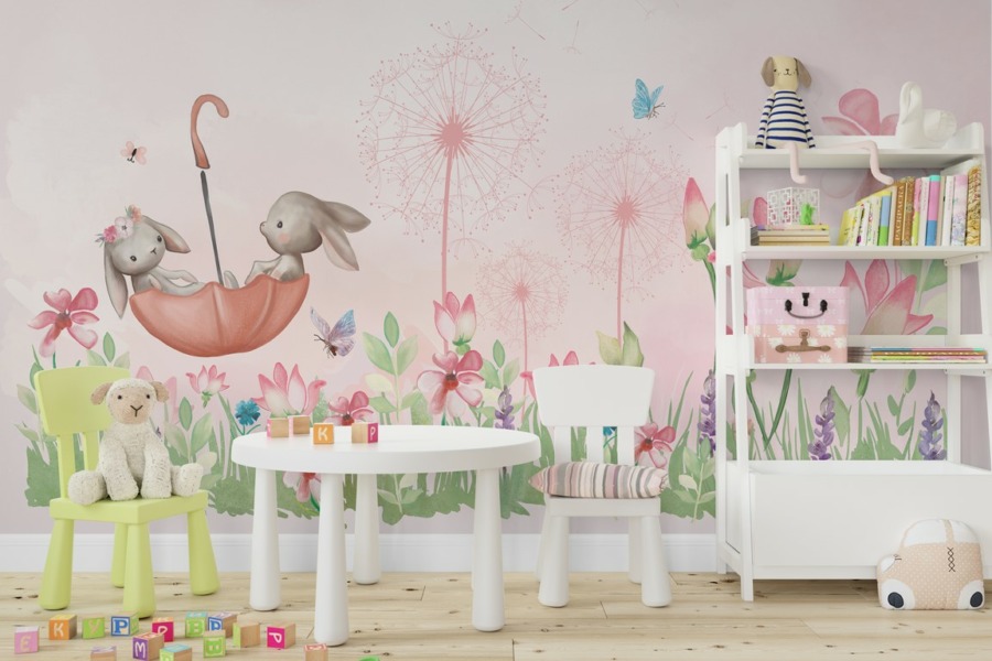Fototapeta s květinami a veselými zajíčky Pink Meadow for Kids - hlavní obrázek produktu