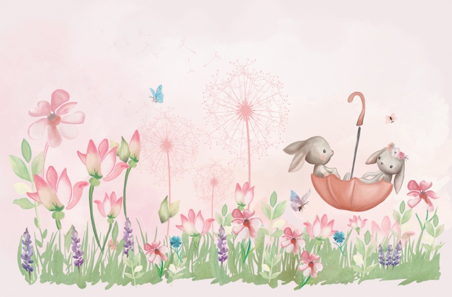 Fototapeta z kwiatami i wesołymi króliczkami Różowa Łąka Dla Dzieci - zdjęcie numer 2
