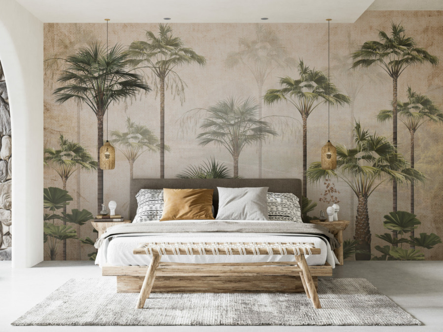 Nástěnná malba tropické krajiny Štíhlé palmy v mlze - hlavní obrázek produktu
