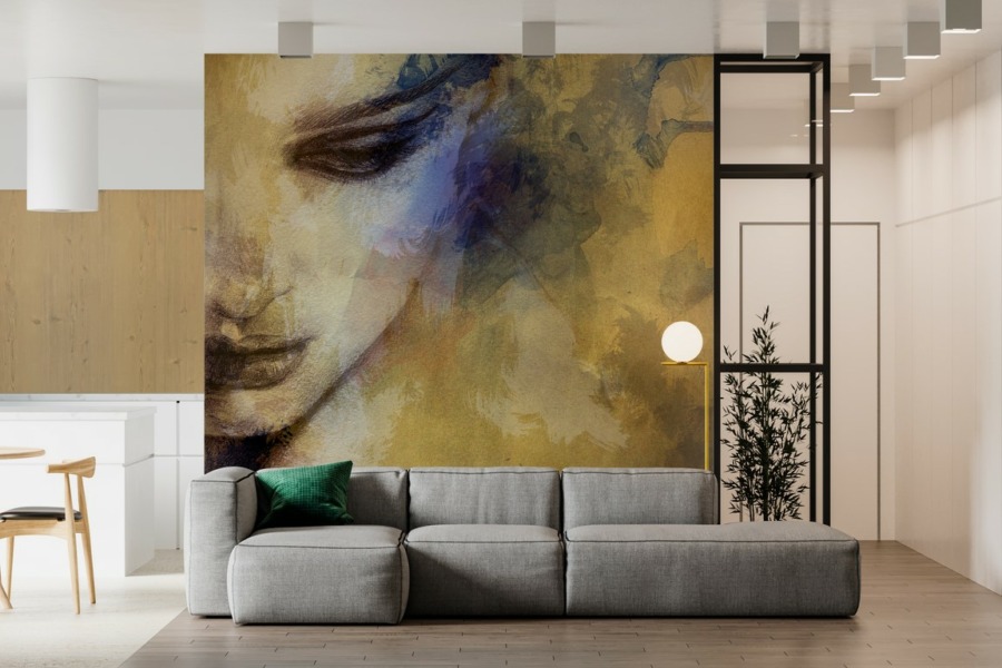 Jasně barevná nástěnná malba dívčí tváře Sunken Gaze pro obývací pokoj - hlavní obrázek produktu