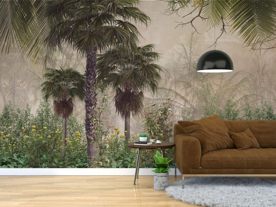 Nástěnná malba malých květin mezi palmami Tropical Yellow Meadow - hlavní obrázek produktu