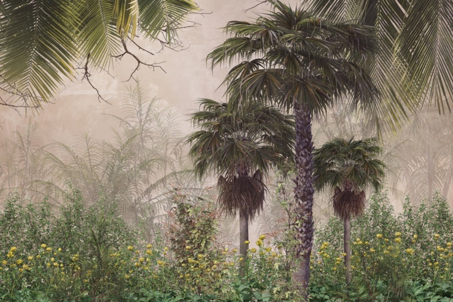 Nástěnná malba malých květin mezi palmami Tropická žlutá louka - obrázek číslo 2